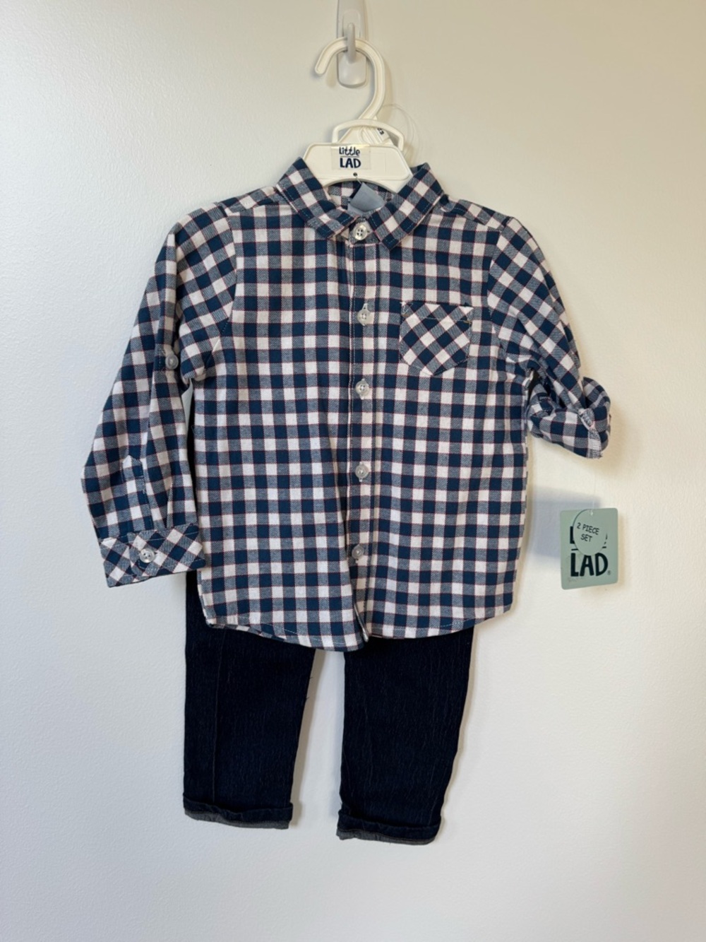 Little Lad 18m Navy & White Plaid Button-Down Shirt and Jeans Set